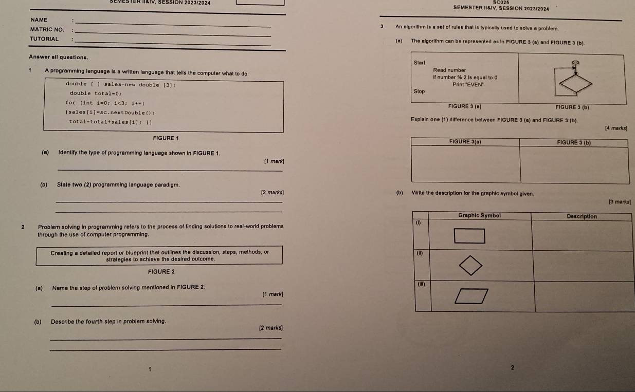SEMESTER II&IV, SESSION 2023/2024 
_ 
NAME _3 An algorithm is a set of rules that is typically used to solve a problem. 
MATRIC NO. :_ 
TUTORIAL : _(a) The algorithm can be represented as in FIGURE 3 (a) and FIGURE 3 (b). 
Answer all questions. Starl Read number 
1 A programming language is a written language that tells the computer what to do If number % 2 is equal to 0
double [ ) sales=new double (3); Print "EVEN" 
double total=0; Slop 
for (int i=0; i<3; i++) FIGURE 3 (n) FIGURE 3 (b) 
(sales[i=sc.nextDouble(); Explain one (1) difference between FIGURE 3 (a) and FIGURE 3 (b). 
total=total+sales (1),1 [4 marks] 
FIGURE 1 
(a) Identify the type of programming language shown in FIGURE 1. 
_ 
[1 mark] 
(b) State two (2) programming language paradigm (b) Write the description for the graphic symbol given. 
[2 marks] 
_ 
[3 marks] 
_ 
2 Problem solving in programming refers to the process of finding solutions to real-world problems 
through the use of computer programming. 
Creating a detailed report or blueprint that outlines the discussion, steps, methods, or 
strategies to achieve the desired outcome. 
FIGURE 2 
(a) Name the step of problem solving mentioned in FIGURE 2. 
[1 mark] 
_ 
(b) Describe the fourth step in problem solving. 
[2 marks] 
_ 
_