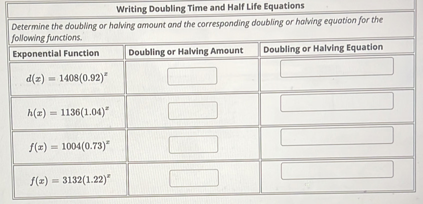 Writing Doubling Time and Half Life Equations