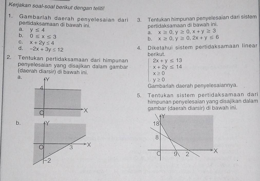 Kerjakan soal-soal berikut dengan teliti! 
1. Gambarlah daerah penyelesaian dari 3. Tentukan himpunan penyelesaian dari sistem 
pertidaksamaan di bawah ini. 
pertidaksamaan di bawah ini. 
a. y≤ 4
b. 0≤ x≤ 3
a. x≥ 0, y≥ 0, x+y≥ 3
b. x≥ 0, y≥ 0, 2x+y≤ 6
C. x+2y≤ 4
d. -2x+3y≤ 12
4. Diketahui sistem pertidaksamaan linear 
borikut 
2. Tentukan pertidaksamaan dari himpunan 
penyelesaian yang disajikan dalam gambar beginarrayl 2x+y≤ 13 x+2y≤ 14 x≥ 0 y≥ 0endarray.
(daerah diarsir) di bawah ini. 
a. 
rah penyelesaiannya. 
Gamba 
5. Tentukan sistem pertidaksamaan dari 
himpunan penyelesaian yang disajikan dalam 
gambar (daerah diarsir) di bawah ini. 
b.