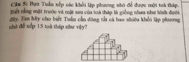 Bạn Tuấn xếp các khối lập phương nhỏ để được một toà tháp. 
Biết rằng mặt trước và mặt sau của toà tháp là giống nhau như hình dưới 
đây. Em hãy cho biết Tuấn cần dùng tất cả bao nhiêu khối lập phương 
nhỏ đề xếp 15 toà tháp như vậy?