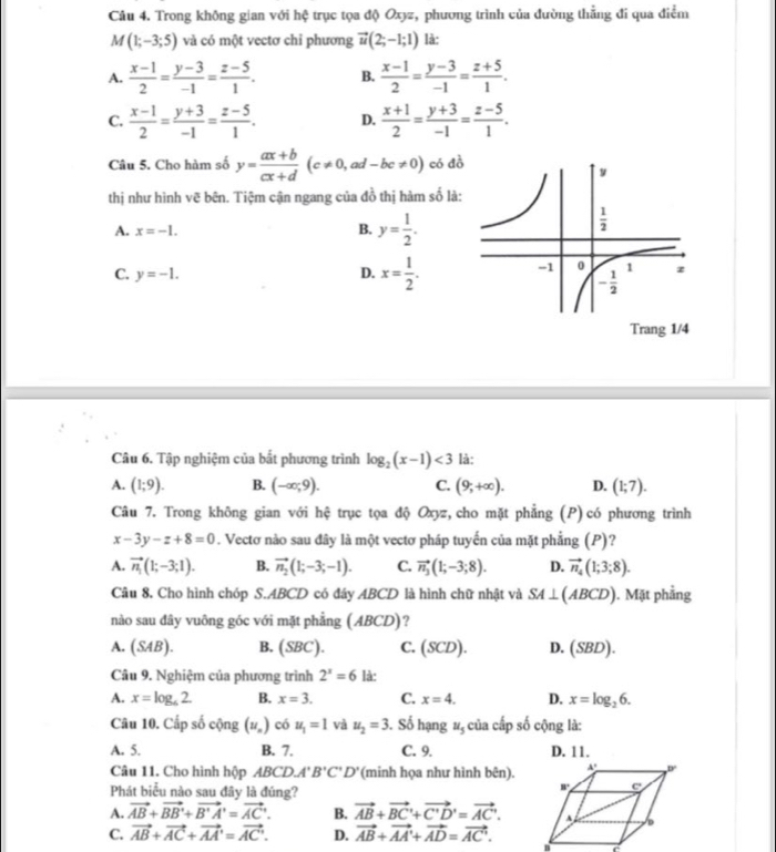 Trong không gian với hệ trục tọa độ Oxyz, phương trình của đường thẳng đi qua điểm
M(1;-3;5) và có một vectơ chỉ phương vector u(2;-1;1) là:
A.  (x-1)/2 = (y-3)/-1 = (z-5)/1 . B.  (x-1)/2 = (y-3)/-1 = (z+5)/1 .
C.  (x-1)/2 = (y+3)/-1 = (z-5)/1 . D.  (x+1)/2 = (y+3)/-1 = (z-5)/1 .
Câu 5. Cho hàm số y= (ax+b)/cx+d (c!= 0,ad-bc!= 0) có đồ
thị như hình vẽ bên. Tiệm cận ngang của đồ thị hàm số là:
A. x=-1. B. y= 1/2 .
C. y=-1. D. x= 1/2 .
Trang 1/4
Câu 6. Tập nghiệm của bất phương trình log _2(x-1)<3</tex> là:
A. (1;9). B. (-∈fty ;9). C. (9;+∈fty ). D. (1;7).
Câu 7. Trong không gian với hệ trục tọa độ Oxyz r, cho mặt phẳng (P) có phương trình
x-3y-z+8=0. Vectơ nào sau đây là một vectơ pháp tuyến của mặt phẳng (P)?
A. vector n_1(1;-3;1). B. vector n_2(1;-3;-1). C. vector n_3(1;-3;8). D. vector n_4(1;3;8).
Câu 8. Cho hình chóp S.ABCD có đây ABCD là hình chữ nhật và SA⊥ (ABCD) ). Mặt phẳng
nào sau đây vuông góc với mặt phẳng (ABCD) ?
A. (SAB). B. (SBC) C. (SCD). D. (SBD).
Câu 9. Nghiệm của phương trình 2^x=6 là:
A. x=k B. x=3. C. x=4. D. x=log _26.
Câu 10. (u_n) có u_1=1 và u_2=3. Số hạng u_5 của cấp số cộng là:
A. 5. B. 7. C. 9. D. 11.
Câu 11. Cho hình hộp ABCD.A'B'C'D' (minh họa như hình bên).
Phát biểu nào sau đây là đúng?
A. vector AB+vector BB'+vector B'A'=vector AC'. B. vector AB+vector BC+vector C'D'=vector AC'.
C. vector AB+vector AC+vector AA'=vector AC'. D. vector AB+vector AA'+vector AD=vector AC'.