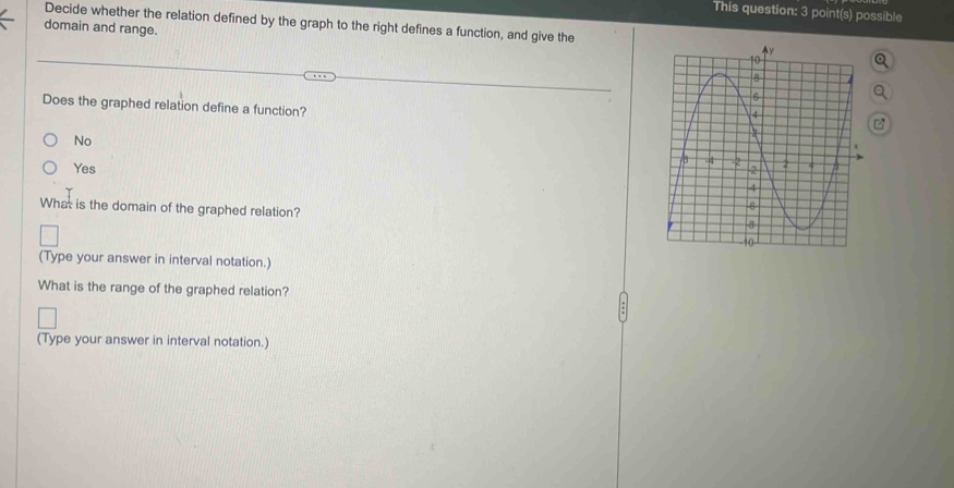 This question: 3 point(s) possible
domain and range.
Decide whether the relation defined by the graph to the right defines a function, and give the
Does the graphed relation define a function?
No
Yes 
What is the domain of the graphed relation?
(Type your answer in interval notation.)
What is the range of the graphed relation?
(Type your answer in interval notation.)