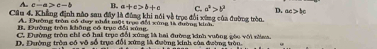 A. c-a>c-b B. a+c>b+c C. a^2>b^2 D. ac>bc
Câu 4. Khẳng định nào sau đây là đúng khi nói về trục đối xứng của đường tròn.
A. Đường tròn có duy nhất một trục đối xứng là đường kính.
B. Đường tròn không có trục đổi xứng.
C. Đường tròn chỉ có hai trục đổi xứng là hai đường kính vuông góc với nìau.
D. Đường tròn có vô số trục đối xứng là đường kính của đường tròn.