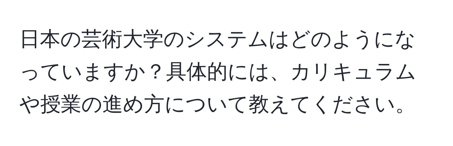 日本の芸術大学のシステムはどのようになっていますか？具体的には、カリキュラムや授業の進め方について教えてください。