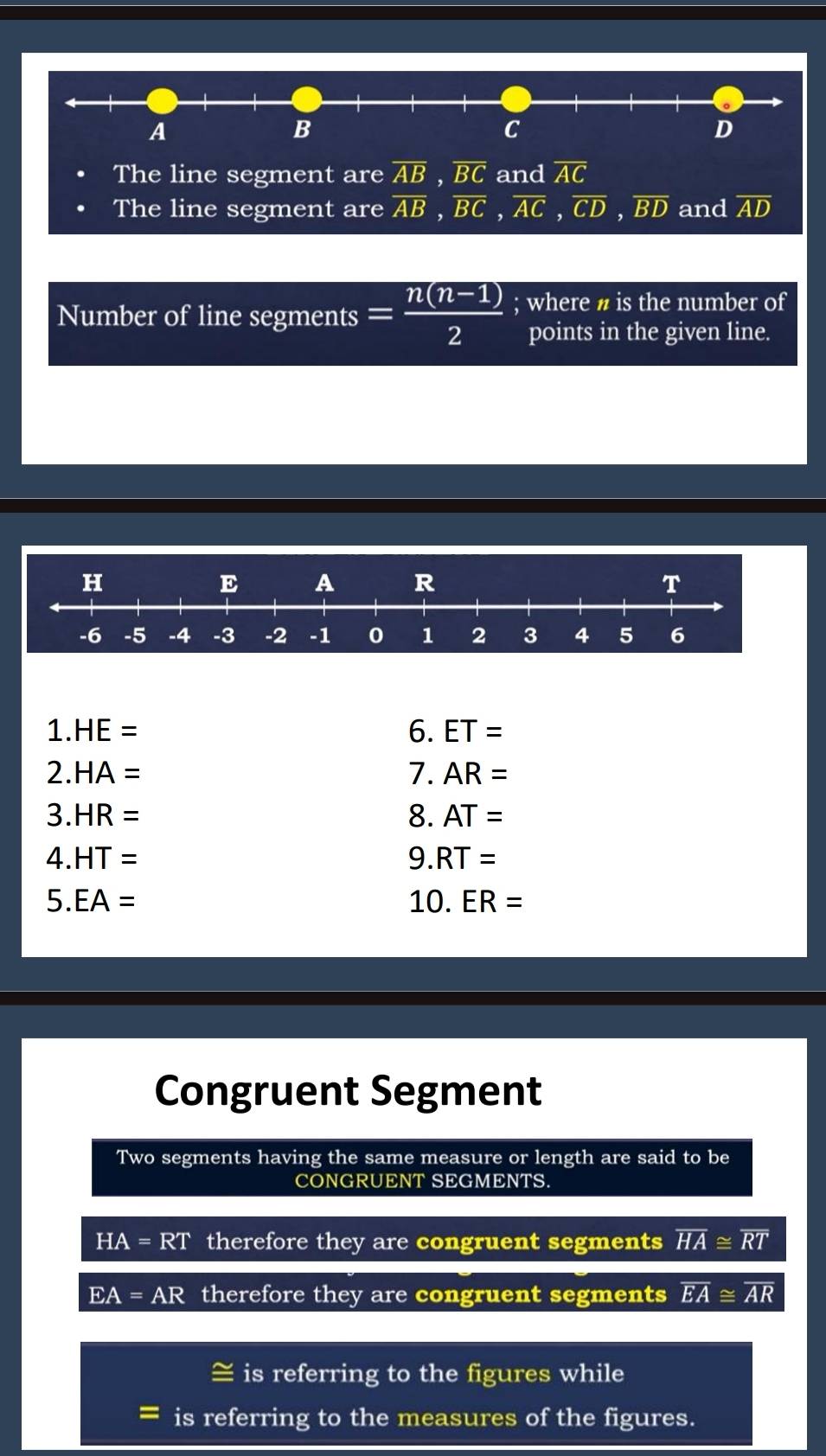 The line segment are overline AB, overline BC and overline AC
The line segment are overline AB, overline BC, overline AC, overline CD, overline BD and overline AD
Number of line segments = (n(n-1))/2 ; where # is the number of
points in the given line.
1. HE=
6. ET=
2. HA=
7. AR=
3. HR=
8. AT=
4. HT=
9. RT=
5. EA=
10. ER=
Congruent Segment
Two segments having the same measure or length are said to be
CONGRUENT SEGMENTS.
HA=RT therefore they are congruent segments overline HA≌ overline RT
EA=AR therefore they are congruent segments overline EA≌ overline AR
≌ is referring to the figures while
is referring to the measures of the figures.