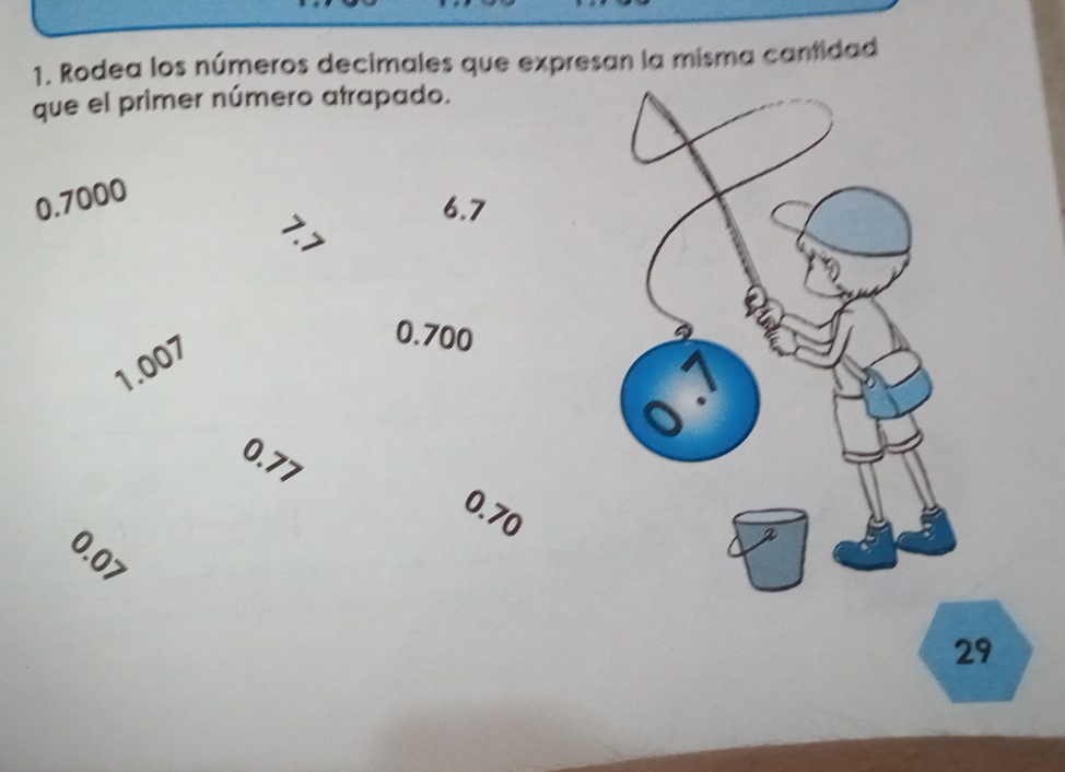 Rodea los números decimales que expresan la misma cantidad
que el primer número atrapado.
0.7000
6.7
1.007
0.700
0.77
0.70
0.07
29