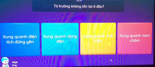 Từ trường không tồn tại ở đâu?
Xung quanh điện Xung quanh dòng Xung quanh Trái Xung quanh nam
tích đứng yên điện Đất châm
Nhật
Duy