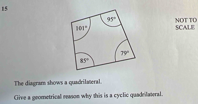 NOT TO
SCALE
The diagram shows a quadrilateral.
Give a geometrical reason why this is a cyclic quadrilateral.