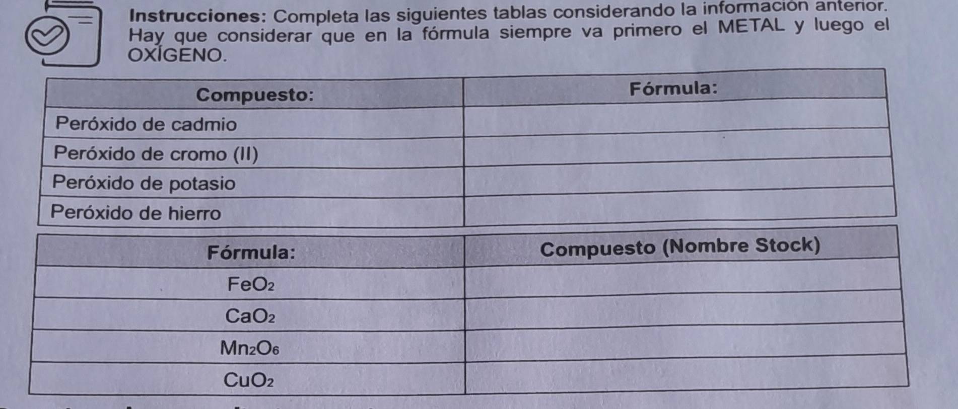 Instrucciones: Completa las siguientes tablas considerando la información anterior.
Hay que considerar que en la fórmula siempre va primero el METAL y luego el
OXÍGENO.