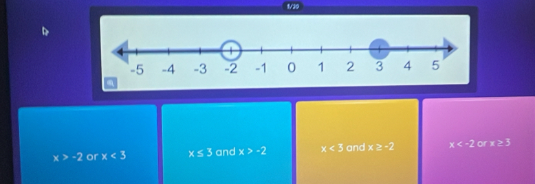 1/30
x>-2 or x<3</tex> x≤ 3 and x>-2 x<3</tex> and x≥ -2 x or x≥ 3