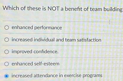 Which of these is NOT a beneft of team building
enhanced performance
increased individual and team satisfaction
improved confidence.
enhanced self-esteem
increased attendance in exercise programs