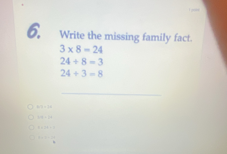 Solved: Write the missing family fact. 3* 8=24 24/ 8=3 24/ 3=8 _ 8/3=24 ...