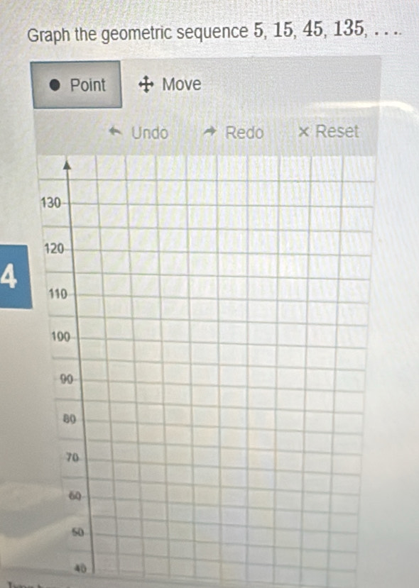 Graph the geometric sequence 5, 15, 45, 135, . . .. 
Point Move 
Undo Redo × Reset
4
40