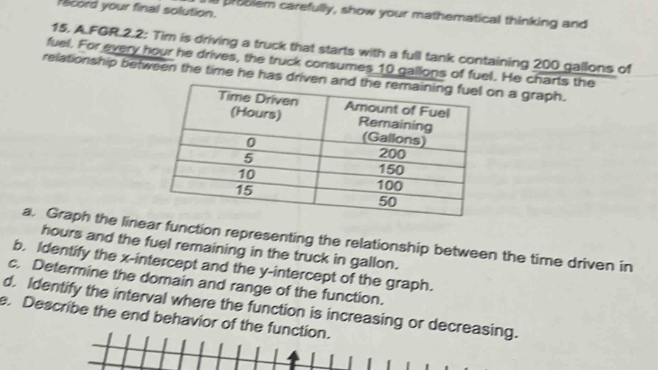 record your final solution. 
le problem carefully, show your mathematical thinking and 
15. A.FGR.2.2: Tim is driving a truck that starts with a full tank containing 200 gallons of 
fuel. For every hour he drives, the truck consumes 10 gallons of fuel. He charts the 
relationship between the time he has drion a graph. 
a. Graph the liner function representing the relationship between the time driven in
hours and the fuel remaining in the truck in gallon. 
b. Identify the x-intercept and the y-intercept of the graph. 
c. Determine the domain and range of the function. 
d. Identify the interval where the function is increasing or sing. 
e. Describe the end behavior of