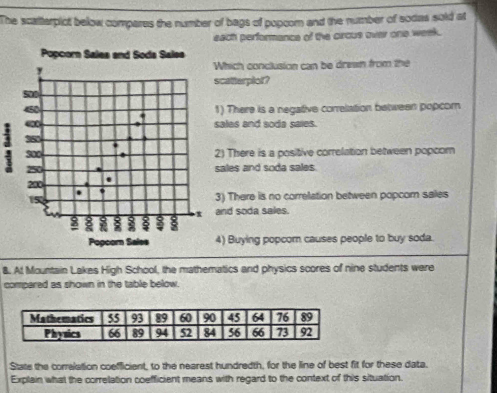 The scatterpict below compares the number of bags of popcom and the number of sodas soid at
each performance of the circus over one week.
hich conclusion can be dream from the
atterplof?
There is a negative correlation between popcor
les and soda saies.
There is a positive correlation between popcom
les and soda sales.
There is no correlation between popcorn sales
d soda sales.
Buying popcom causes people to buy soda.
8. At Mountain Lakes High School, the mathematics and physics scores of nine students were
compered as shown in the table below.
State the correlation coefficient, to the nearest hundredth, for the line of best fit for these data.
Explain what the correlation coefficient means with regard to the context of this situation.