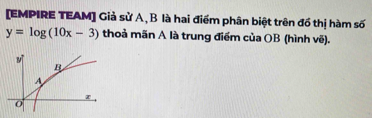 [EMPIRE TEAM] Giả sử A, B là hai điểm phân biệt trên đồ thị hàm số
y=log (10x-3) thoả mãn A là trung điểm của OB (hình vẽ).