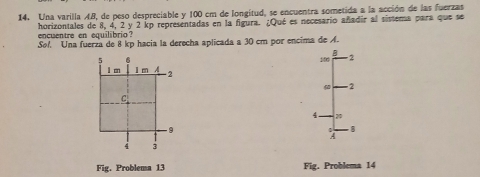 Una varilla AB, de peso despreciable y 100 cm de longitud, se encuentra sometida a la acción de las fuerzas 
encuentre en equilibrio? horizontales de 8, 4, 2 y 2 kp representadas en la figura. ¿Qué es necesario añadir al sistema para que se 
Sof. Una fuerza de 8 kp hacia la derecha aplicada a 30 cm por encima de A. 
B
5 6 100 2
l c l m A 2
2 
C
4. 20
9

4 3
Fig. Problema 13 Fig. Problema 14