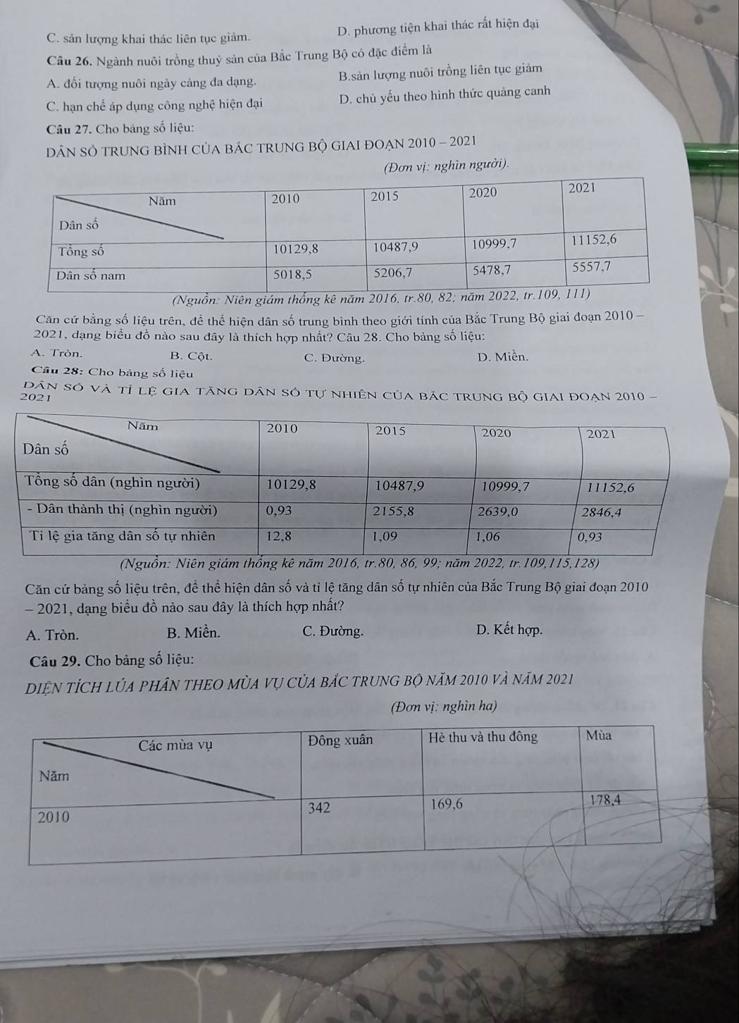 C. sản lượng khai thác liên tục giảm. D. phương tiện khai thác rất hiện đại
Câu 26. Ngành nuôi trồng thuỷ sản của Bắc Trung Bộ có đặc điểm là
A. đối tượng nuôi ngày cảng đa dạng. B.sản lượng nuôi trồng liên tục giảm
C. hạn chế áp dụng công nghệ hiện đại D. chủ yếu theo hình thức quảng canh
Câu 27. Cho bảng số liệu:
DN SÔ TRUNG BÌNH CủA BÁC TRUNG BỘ GIAI ĐOẠN 2010 - 2021
(Đơn vị: nghìn người).
(Nguồn: Niên giám thống kê năm 2
Căn cứ bằng số liệu trên, để thể hiện dân số trung bình theo giới tính của Bắc Trung Bộ giai đoạn 2010 -
2021, đạng biểu đồ nào sau đây là thích hợp nhất? Câu 28. Cho bảng số liệu:
A. Tròn. B. Cột. C. Đường. D. Miền.
Câu 28: Cho bảng số liệu
Dân só và tỉ lệ gia tăng dân số tự nhiên của bác trung bộ giaI đoạn 2010 -
2021
166
Căn cứ bảng số liệu trên, để thể hiện dân số và tỉ lệ tăng dân số tự nhiên của Bắc Trung Bộ giai đoạn 2010
- 2021, dạng biểu đồ nào sau đây là thích hợp nhất?
A. Tròn. B. Miền. C. Đường. D. Kết hợp.
Câu 29. Cho bảng số liệu:
DiệN TÍCH LủA PHâN THEO MùA Vụ CủA bảC TRUNG Bộ năm 2010 và năm 2021
(Đơn vị: nghìn ha)