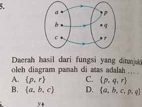 Daerah hasil dari fungsi yang ditunjuki
oleh diagram panah di atas adalah ….
A.  p,r C.  p,q,r
B.  a,b,c D.  a,b,c,p,q
y4