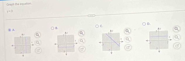 Graph the equation.
y=3
D. 
C. 
A 
B. 
Ay
x
4
z
Y