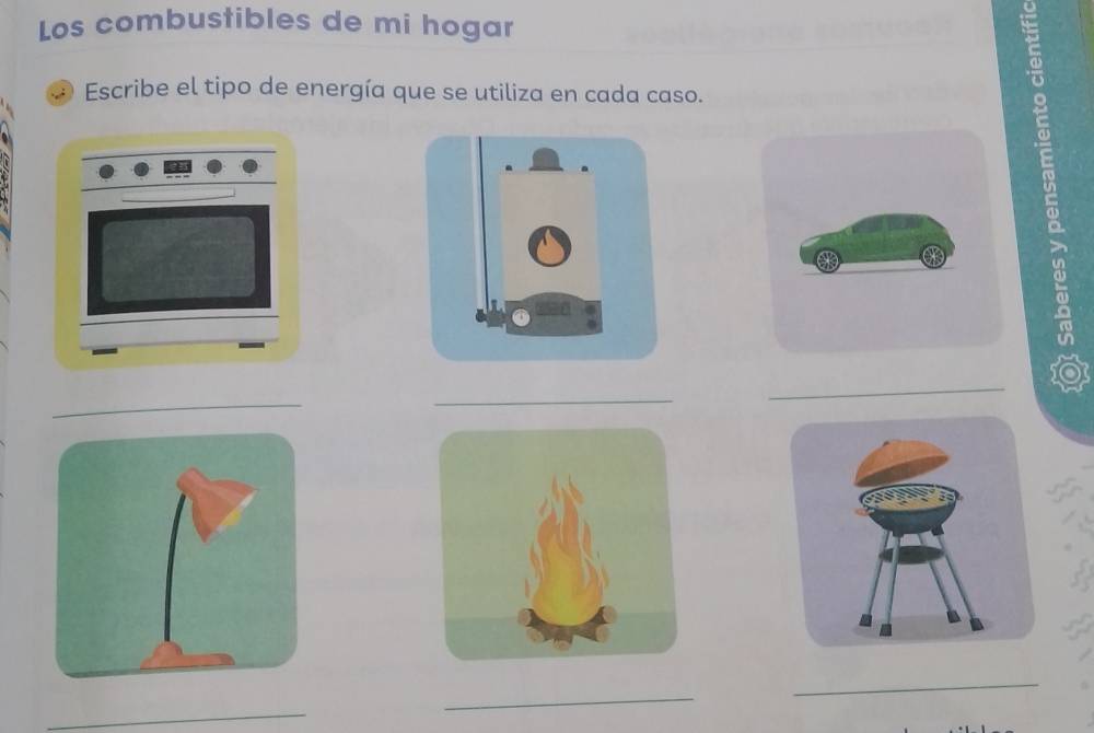 Los combustibles de mi hogar 
Escribe el tipo de energía que se utiliza en cada caso. 
_ 
_ 
_ 
_ 
_ 
_