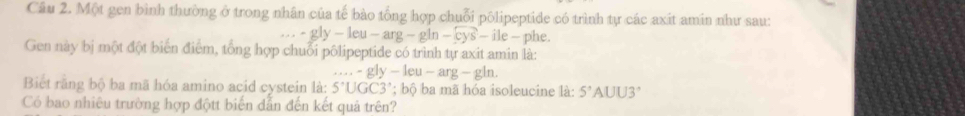 Một gen bình thường ở trong nhân của tế bào tổng hợp chuỗi pôlipeptide có trình tự các axít amin như sau:
gly-leu-arg-gln -cys-ile- phe 
Gen này bị một đột biển điểm, tổng hợp chuỗi pôlipeptide có trình tự axit amin là:.....-gly-leu-arg-gln
Biết rằng bộ ba mã hóa amino acid cystein là: 5°UGC3 '; bộ ba mã hóa isoleucine là: S'A UU3’ 
Có bao nhiêu trường hợp độtt biến dẫn đến kết quả trên?