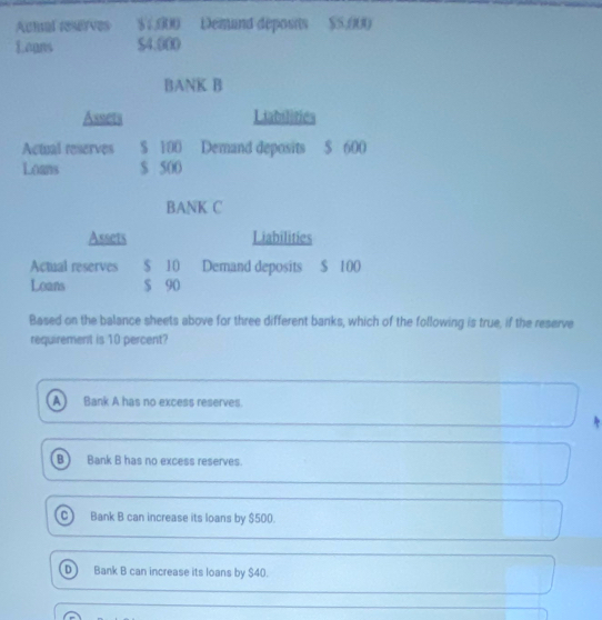 Achal reseives $1,000 Demand déposts $5,000
Laans $4.000
BANK B
Assets Liabilities
Actual reserves $ 100 Demand deposits $ 600
Loans $ 500
BANK C
Assets Liabilities
Actual reserves $ 10 Demand deposits $ 100
Loans $ 90
Based on the balance sheets above for three different banks, which of the following is true, if the reserve
requirement is 10 percent?
A Bank A has no excess reserves
B Bank B has no excess reserves.
C) Bank B can increase its loans by $500.
Bank B can increase its loans by $40.