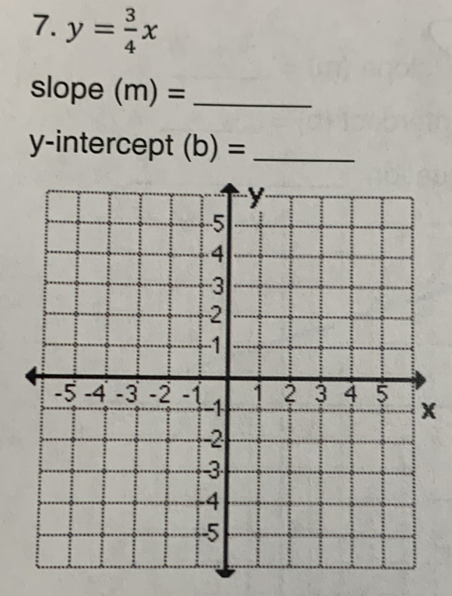 y= 3/4 x
slope (m)= _ 
y-intercept (b)= _
x