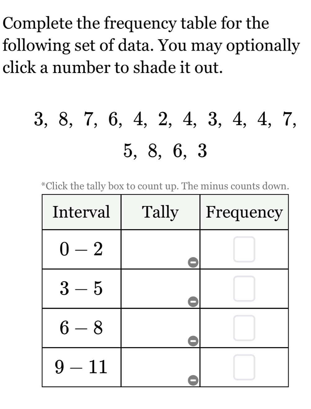 Complete the frequency table for the
following set of data. You may optionally
click a number to shade it out.
3, 8, 7, 6, 4, 2,4, 3, 4, 4, 7,
5, 8, 6, 3
Click the