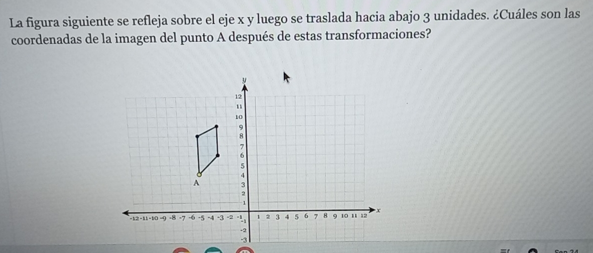 La figura siguiente se refleja sobre el eje x y luego se traslada hacia abajo 3 unidades. ¿Cuáles son las 
coordenadas de la imagen del punto A después de estas transformaciones?