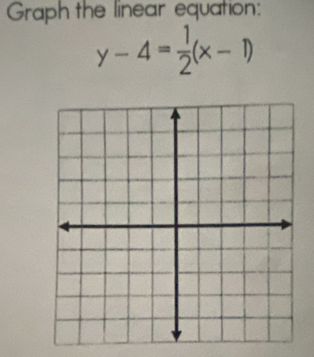 Graph the linear equation:
y-4= 1/2 (x-1)