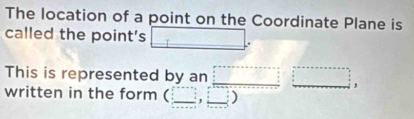 The location of a point on the Coordinate Plane is 
called the point's □. 
This is represented by an □ □ ,□
written in the form ( (_ ,_ □ ) __