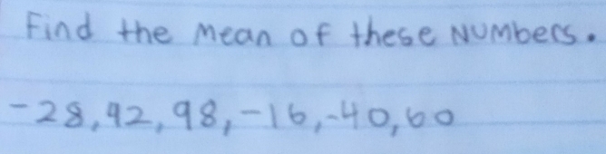 Find the mean of these Numbers.
28, 42, 98, -16, 40, 60