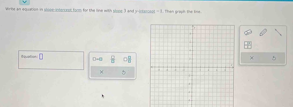 Write an equation in slope-intercept form for the line with slope 3 and y-intercept —1. Then graph the line. 
Equation: □ ×
□ =□  □ /□    □ /□  
×