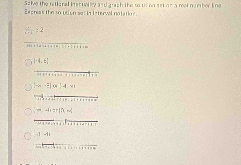 Solve the rational inequality and graph the solution set on a real number line
Express the solution set in interval notation.
 x/x+1 ≥ 2
(-4,8)
(-∈fty ,-8] or (-4,∈fty )
(-∈fty ,-4) or [0,∈fty )
(-8,-4)