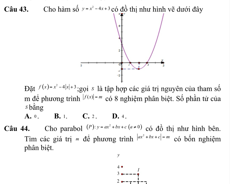 Cho hàm số y=x^2-4x+3 có đồ thị như hình vẽ dưới đây
Đặt f(x)=x^2-4|x|+3;gọi s là tập hợp các giá trị nguyên của tham số
m để phương trình |f(x)|=m có 8 nghiệm phân biệt. Số phần tử của
s bằng
A. 0. B. 1. C. 2. D. 4.
Câu 44. Cho parabol (P): y=ax^2+bx+c(a!= 0) có đồ thị như hình bên.
Tiìm các giá trị ' để phương trình |ax^2+bx+c|=m có bốn nghiệm
phân biệt.
y
4
3
2