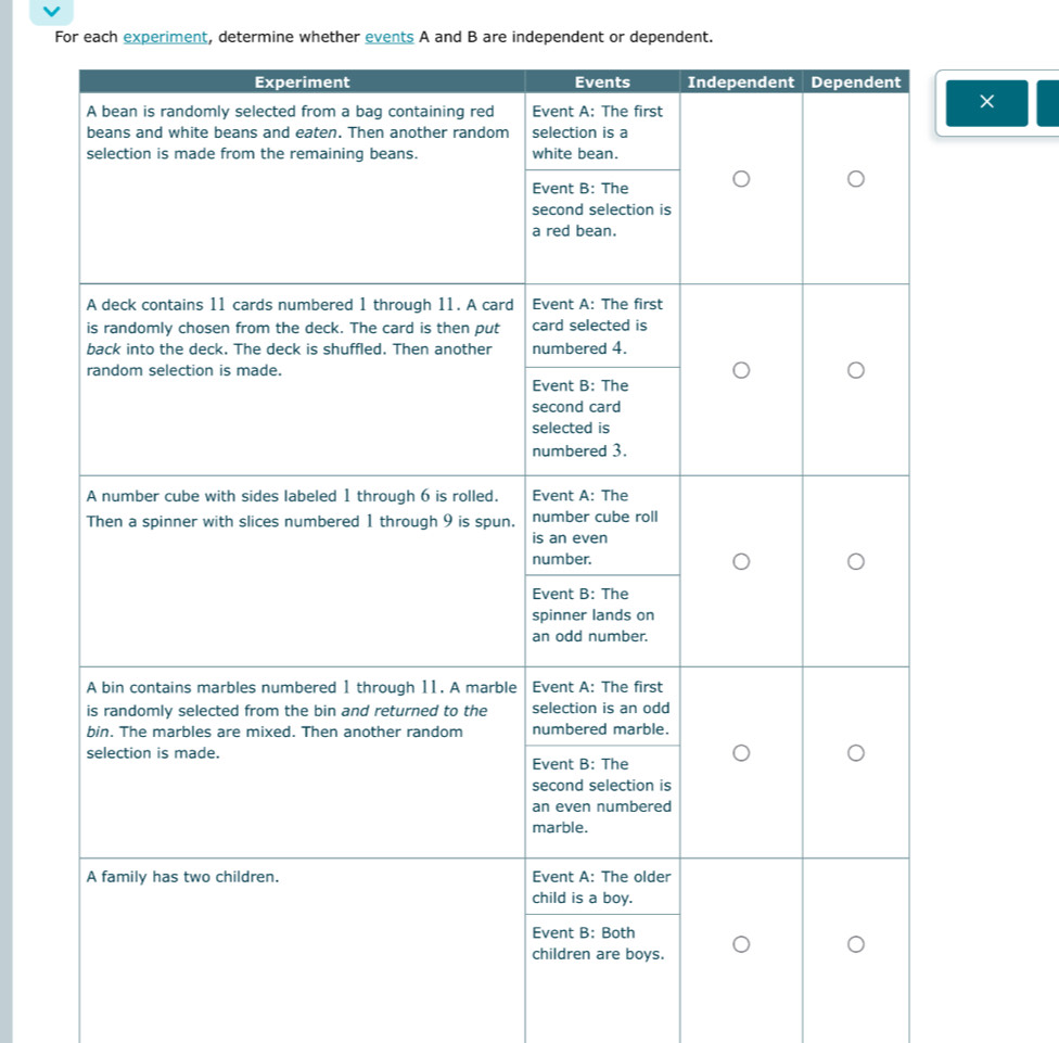 For each experiment, determine whether events A and B are independent or dependent. 
×