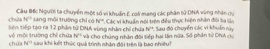 Người ta chuyển một số vi khuẩn E. coli mang các phân tử DNA vùng nhân chỉ 
chứa N^(15) sang môi trường chỉ có N^(14) ' Các vi khuẩn nói trên đều thực hiện nhân đòi ba lần 
liên tiếp tạo ra 12 phân tử DNA vùng nhân chỉ chứa N^(14) Sau đó chuyển các vi khuẩn này 
về môi trường chỉ chứa N^(15) và cho chúng nhân đôi tiếp hai lần nữa. Số phân tử DNA chỉ 
chứa N^(15) sau khi kết thúc quá trình nhân đôi trên là bao nhiêu?