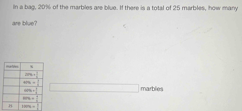 In a bag, 20% of the marbles are blue. If there is a total of 25 marbles, how many
are blue?
marbles