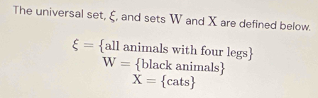 The universal set, ξ, and sets W and X are defined below.
xi = all animals with four legs
W= blackanimals
X= cats