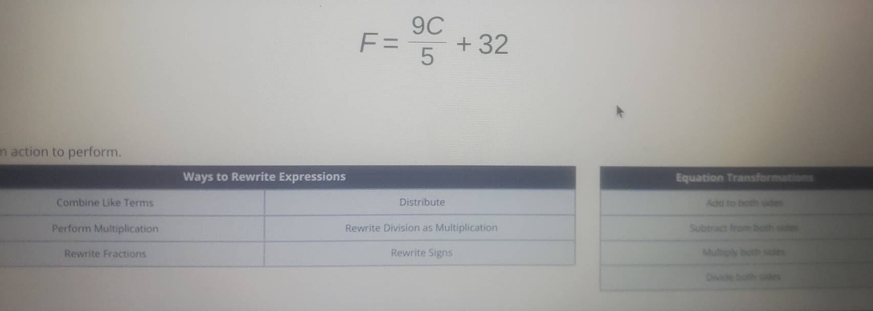 F= 9C/5 +32
n action to perform.