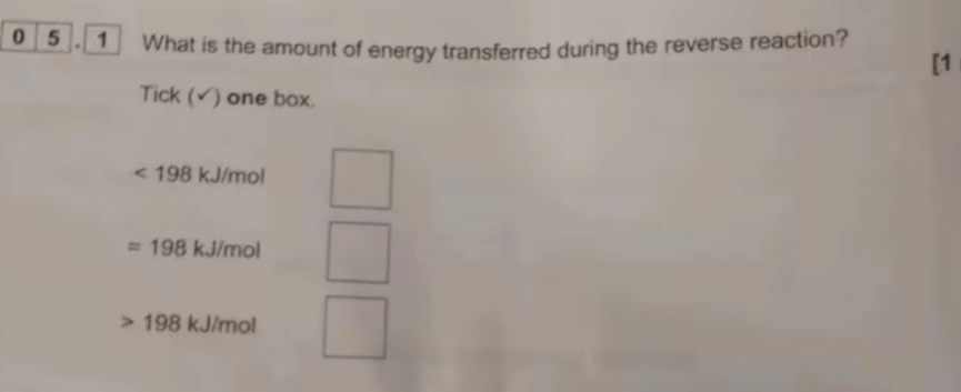 0 5 . 1 What is the amount of energy transferred during the reverse reaction?
[1
Tick (√) one box.
198kJ/mol
=198 kJ/mol
198 kJ/mol