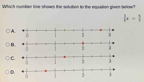 Which number line shows the solution to the equation given below?
 3/5 x= 4/5 
A
B
C
0
D