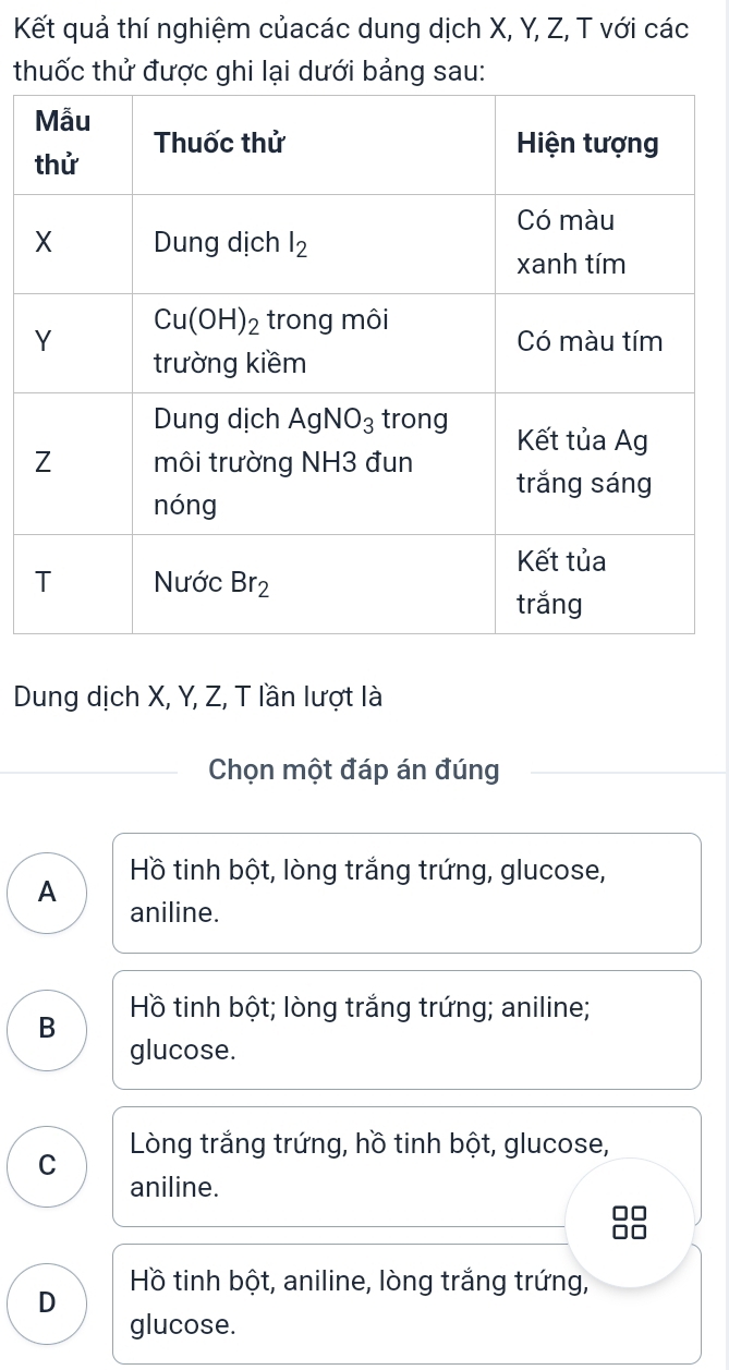 Kết quả thí nghiệm củacác dung dịch X, Y, Z, T với các
thuốc thử được ghi lại dưới bảng sau:
Dung dịch X, Y, Z, T lần lượt là
Chọn một đáp án đúng
Hồ tinh bột, lòng trắng trứng, glucose,
A aniline.
B  Hồ tinh bột; lòng trắng trứng; aniline;
glucose.
C Lòng trắng trứng, hồ tinh bột, glucose,
aniline.
D  Hồ tinh bột, aniline, lòng trắng trứng,
glucose.