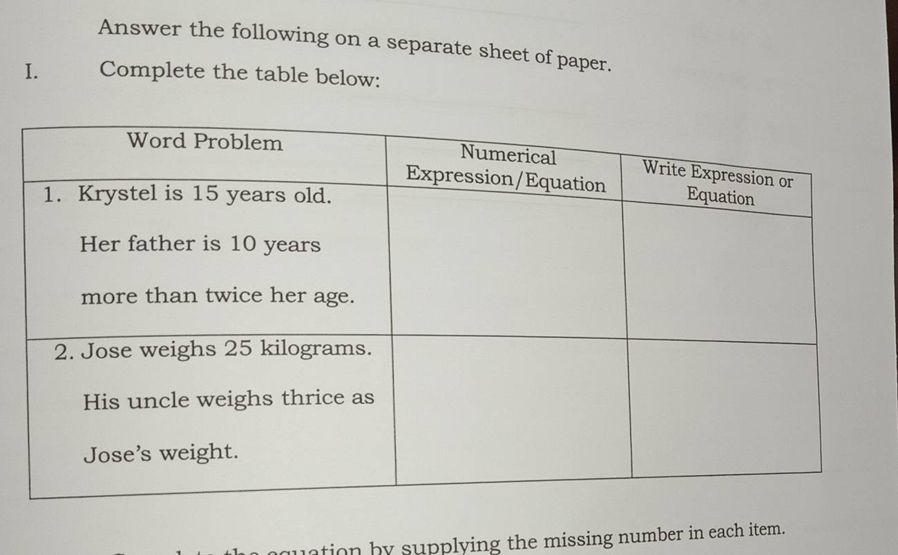 Answer the following on a separate sheet of paper. 
I. Complete the table below: 
ation by supplying the missing number in each item.