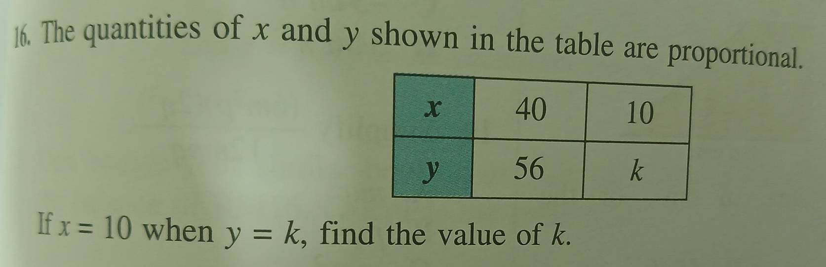 The quantities of x and y shown in the table are proportional. 
If x=10 when y=k , find the value of k.