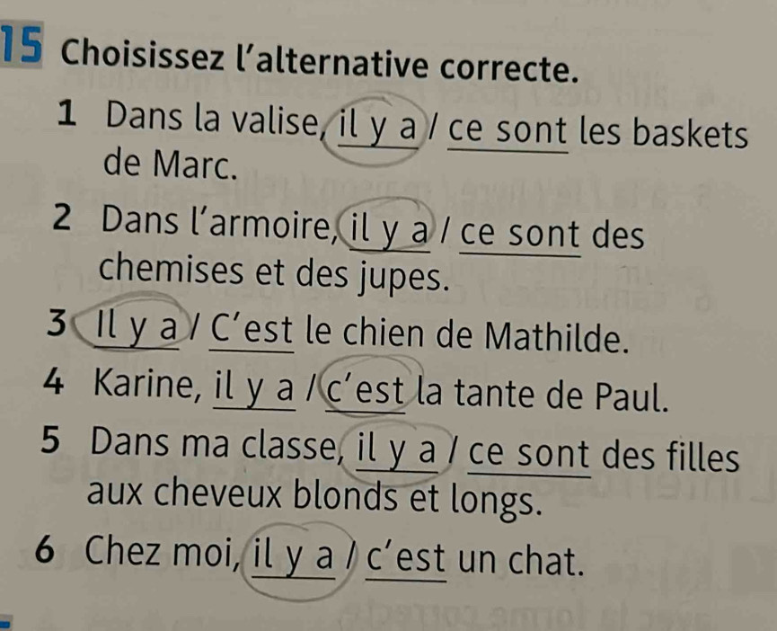 Choisissez l'alternative correcte.
1 Dans la valise, il y a / ce sont les baskets
de Marc.
2 Dans l’armoire, il y a / ce sont des
chemises et des jupes.
3 Il y a / C’est le chien de Mathilde.
4 Karine, il y a / c’est la tante de Paul.
5 Dans ma classe, il y a / ce sont des filles
aux cheveux blonds et longs.
6 Chez moi, il y a c’est un chat.