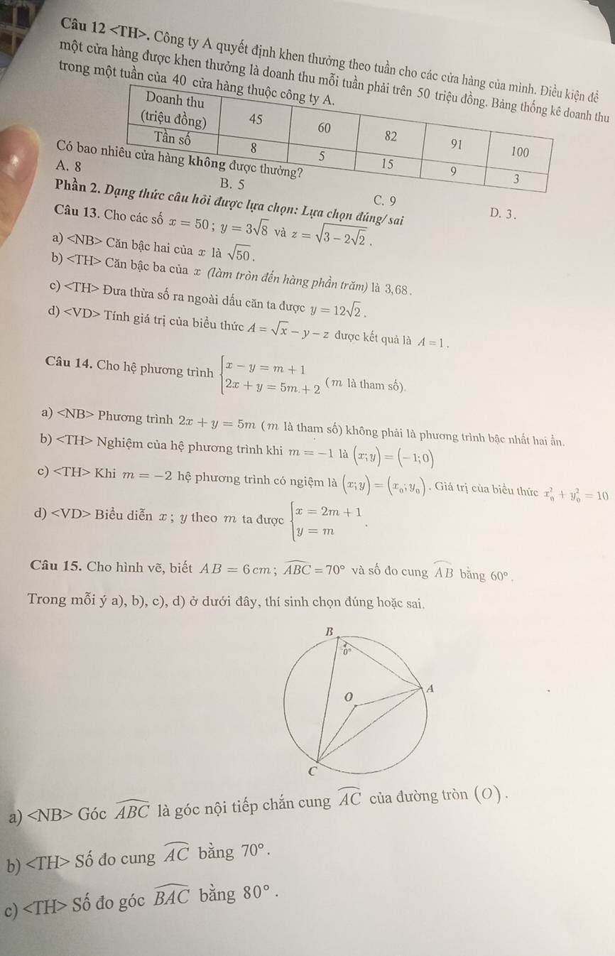 . Công ty A quyết định khen thưởng theo tuần cho các cửa đề
một cửa hàng được khen thưởng là doanh thu m thu
trong một tuần của 4
Có ba
A. 8
D. 3 .
Phần được lựa chọn: Lựa chọn đúng/ sai
Câu 13. Cho các số x=50;y=3sqrt(8) và z=sqrt(3-2sqrt 2).
a) ∠ NB> Căn bậc hai của x là sqrt(50).
b) * Căn bậc ba của x (làm tròn đến hàng phần trăm) là 3,68 .
c) ∠ T 'H> Đưa thừa số ra ngoài dấu căn ta được y=12sqrt(2).
d) ∠ V D> Tính giá trị của biều thức A=sqrt(x)-y-z được kết quả là A=1.
Câu 14. Cho hệ phương trình beginarrayl x-y=m+1 2x+y=5m+2endarray. (m là tham số)
a) ∠ NB> Phương trình 2x+y=5m ( m là tham số) không phải là phương trình bậc nhất hai ần.
b) Nghiệm của hệ phương trình khi m=-1 là (x;y)=(-1;0)
c) Khi m=-2 hệ phương trình có ngiệm là (x;y)=(x_0;y_0). Giá trị của biều thức x_0^(2+y_0^2=10
d) Biểu diễn x ; y theo m ta được beginarray)l x=2m+1 y=mendarray. .
Câu 15. Cho hình vẽ, biết AB=6cm;widehat ABC=70° và số đo cung widehat AB bǎng 60°.
Trong mỗi ý a), b), c), d) ở dưới đây, thí sinh chọn đúng hoặc sai.
a) ∠ NB> Góc widehat ABC là góc nội tiếp chắn cung widehat AC của đường tròn (O).
b) Số đo cung widehat AC bằng 70°.
c) ∠ TH> Số đo góc widehat BAC bằng 80°.