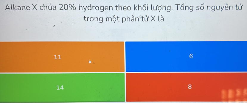 Alkane X chứa 20% hydrogen theo khối lượng. Tổng số nguyên tử
trong một phân tử X là
11
6
14
8