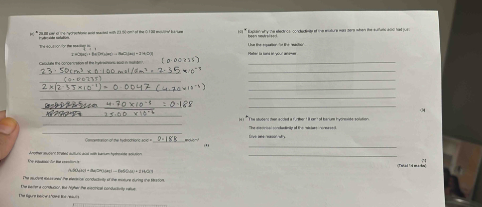 25.00 cm³ of the hydrochloric acid reacted with 23.50cm^3 of the 0.100 mol/dm³ barium Explain why the electrical conductivity of the mixture was zero when the sulfuric acid had just 
hydraxide solution 
The equation for the react o Use the equation for the reaction.
2HO(aq)+Ba(OH)_2(aq)to BaCl_2(aq)+2H_2O(l) Refer to ions in your answer. 
Calculate the concentration of the hydrochloric acid in mol/dm ' 
_ 
_ 
_ 
_ 
_ 
_ 
_ 
_ 
_ 
__ 
_ 
(3) 
_ 
(e) 'The student then added a further 10 cm³ of barium hydroxide solution 
_ 
The electrical conductivity of the mixture increased. 
Give one reason why 
Concentration of the hydrochloric acid = _ mol/dm." 
(4) 
_ 
Another student ttrated sulfuric acid with barium hydroxide solution. _(1) 
The equation for the reaction is (Total 14 marks)
H,SO_4(aq)+Ba(OH)_2(aq)to BaSO_4(s)+2H_2O(l)
The student measured the electrical conductivity of the mixture during the titration. 
The better a conductor, the higher the electrical conductivity value. 
The figure below shows the results.